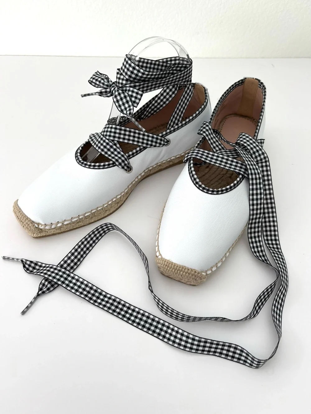 J.Crew Sophie Lace-Up Espadrilles NWT White Gingham Adjustable Ribbon Size 8